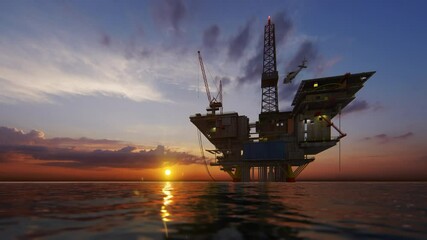 Helicopter flying from oil rig platform towards magical sunset, 4K - Powered by Adobe