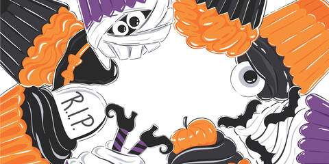 Halloween cupcakes frame in black, orange and purple colors with empty space for text. Muffins with frosting and decoration in shape of witch; bat; hat; pumpkin; ghost