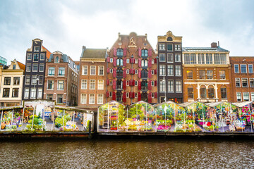 Bloemenmarkt , Flowers floating market in Amsterdam , Netherlands - obrazy, fototapety, plakaty