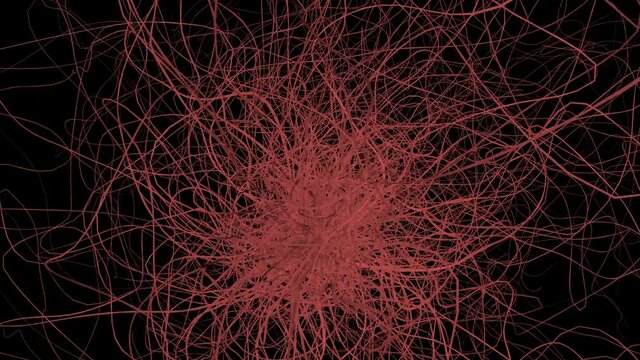 A tangle of threads moving on a black background. Abstract lines twisting in space.