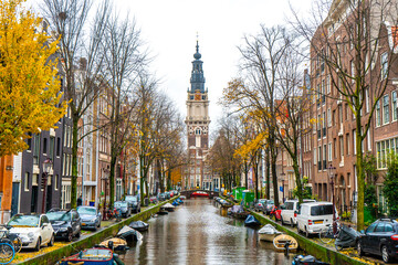 Beautiful canals and buildings near Nieuwmarkt  in Amsterdam , Netherlands