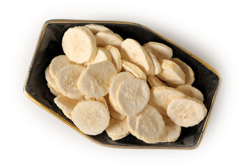 Pile of sweet dehydrated banana slices.