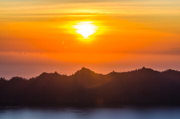 Sunrise panorama view from top of Batur volcano
