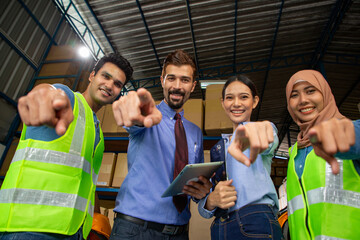 Warehouse worker team point to you for delivery