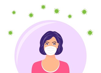Woman in protective face mask. The female character wearing protection from virus, smog, urban air pollution. Coronavirus quarantine concept. Vector illustration in a flat style.