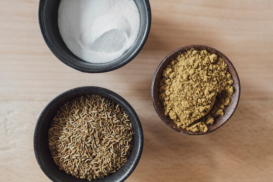 Cumin Salt and Ginger in Bowls