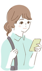 スマートフォンを見るアジア女性のイラストIllustration of an Asian woman looking at a smartphone