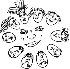 Faces with different emotions and expression surrounding a smiling calm face in black and white for vector illustration and icon