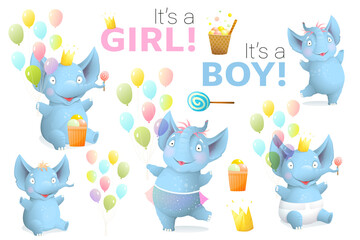 Baby shower infant elephants and birthday objects clipart . Newborn elephants Its a Boy and Its a Girl sign, balloons, realistic watercolor objects for birthday party. Artistic 3d vector collection.