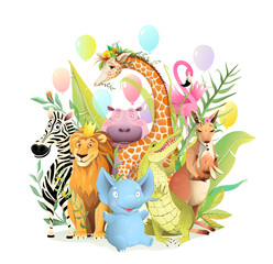Group of African safari animals celebrating birthday or other party event, congratulation greeting card for kids. Children 3d cartoon with zebra elephant lion giraffe hippo kangaroo croc. Vector card. © Popmarleo