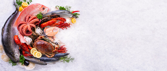 Raw material fresh fish and seafood arrangement on ice background