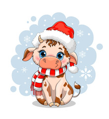 Cute little cartoon cow in winter snow wearing a scarf and Santa hat for a Christmas greeting card design, colored vector illustration