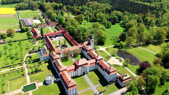 Aerial view flight at baroque palace Fasanerie with palace garden, Eichenzell, Fulda, Hesse, Germany,