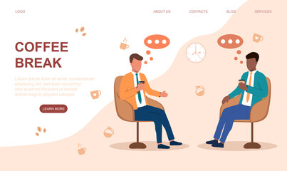 Two diverse businessmen sitting in arm chairs drinking coffe and talking. Coffe break and business communication concept. Web page template. Web site vector illustration.