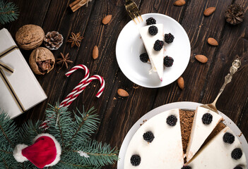 Delicious homemade cake with fresh berries on wooden table, closeup