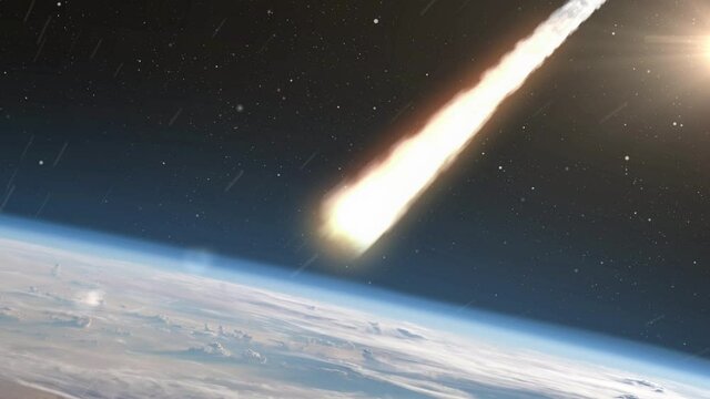 Asteroids Meteors burns in atmosphere Earth, Realistic vision
Meteors burning on fire while entering earth blue atmosphere
