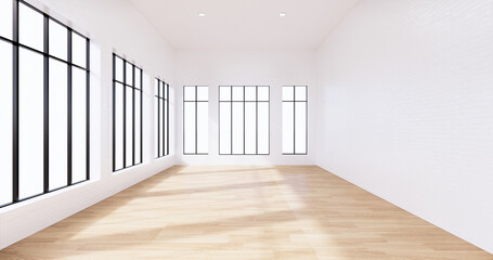 Fototapeta na wymiar the interior Loft style with white brick wall design on wooden floor.3D rendering