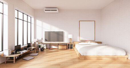 Bedroom interior loft style with Computer and office tool on desk. 3D rendering