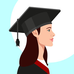 College girl student, university graduate in graduation cap and gown profile. Vector illustration.