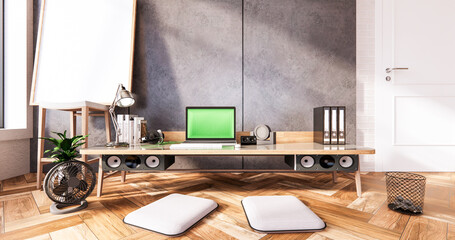 The interior Computer and office tools on mini desk in room concrete and white brick wall design. 3D rendering