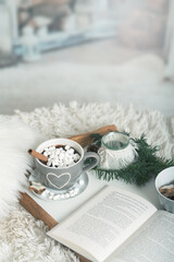 cocoa, hot chocolate, book, cosy in the wintertime