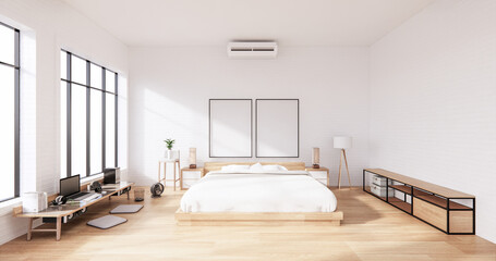 Naklejka na ściany i meble Bedroom interior loft style with Computer and office tool on desk. 3D rendering