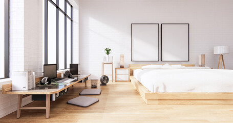 Fototapeta na wymiar Bedroom interior loft style with Computer and office tool on desk. 3D rendering