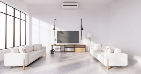 Smart Tv on Cabinet in Living room Loft style with white brick wall on wooden floor and sofa armchair.3D rendering