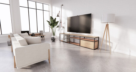 Smart Tv on Cabinet in Living room Loft style with white brick wall on wooden floor and sofa armchair.3D rendering