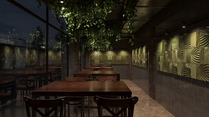 Tables and Chairs Inside an Empty Illuminated Restaurant During the Nighttime 3D Rendering
