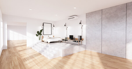 The Modern loft Bedroom interior with Computer and office tool on desk. 3D rendering