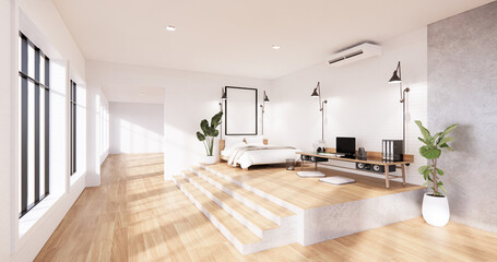 The Modern loft Bedroom interior with Computer and office tool on desk. 3D rendering