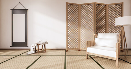 Wooden Arm chair and partition japanese on room tropical interior with tatami mat floor and white wall.3D rendering