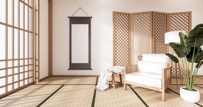 Wooden Arm chair and partition japanese on room tropical interior with tatami mat floor and white wall.3D rendering