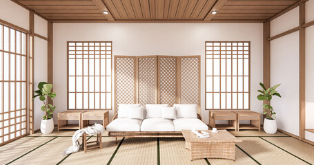 Sofa and partition japanese on room tropical interior with tatami mat floor and white wall.3D rendering