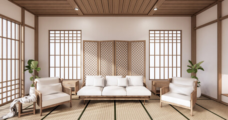 Sofa and partition japanese on room tropical interior with tatami mat floor and white wall.3D rendering