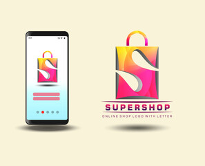 3 D Letter S in Shopping bag. online shop logo design vector. store symbol icon signs