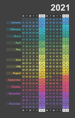 2021 year wall vertical colorful calendar, starts monday, two weekends, dark background
