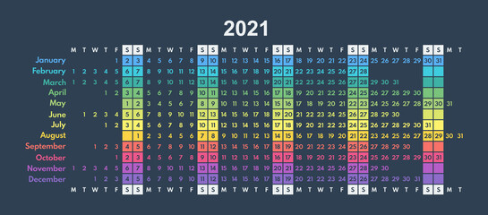 colorful calendar 2021 minimalistic full year grid, each month in line, two weekend days