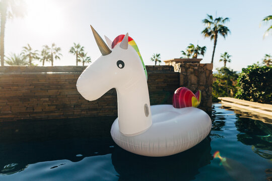 Blowup Unicorn Floaty In Swimming Pool