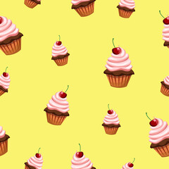 Seamless pattern with various cupcakes on a yellow background. Sweet pastries are decorated with cherries.