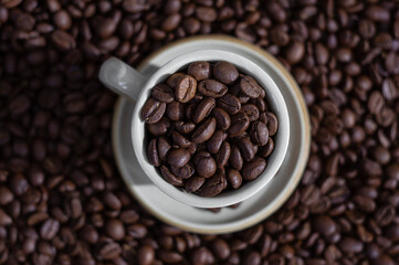 Coffee beans in the coffee cup with morning sunlight top view
