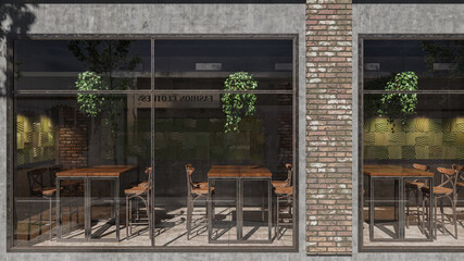 Fototapeta na wymiar Exterior of a Small Business with Empty Tables and Chairs During the Daytime 3D Rendering