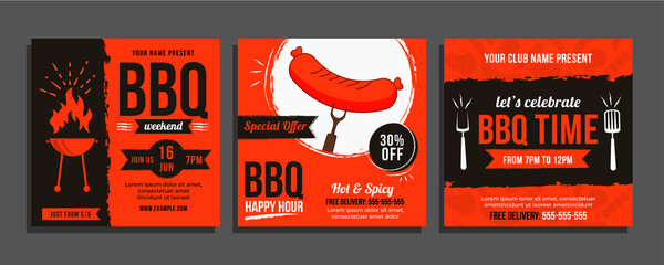 Set of Bbq Social Media Post, Bbarbecue Food Template, vector - obrazy, fototapety, plakaty
