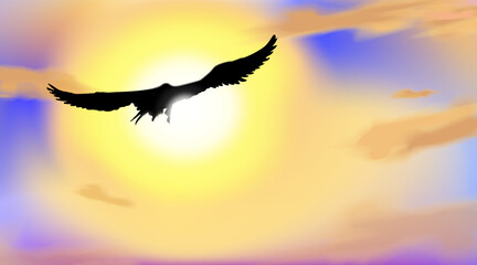 Art background with the silhouette of an hawk or eagle, flying in blue sky with light bokeh in colors of dawn. Morning landscape heaven, blur clouds. Vector illustration.