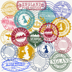 Naklejka premium Liverpool Great Britain Set of Stamps. Travel Stamp. Made In Product. Design Seals Old Style Insignia.