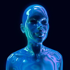 Holographic human bust, robotic head made of glossy iridescent material. 3D render illustration, concept of Artificial intelligence and Futuristic technologies.