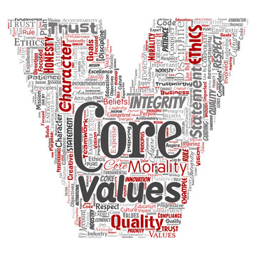 Vector conceptual core values integrity ethics letter font V concept word cloud isolated background. Collage of honesty quality trust, statement, character, perseverance, respect and trustworthy