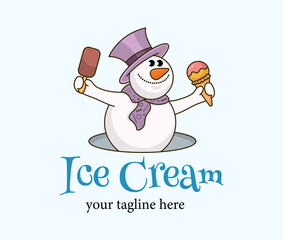 Funny cartoon snowman climbs out of the hole holding ice cream. Cute character for ice cream party. Ice cream logo.
