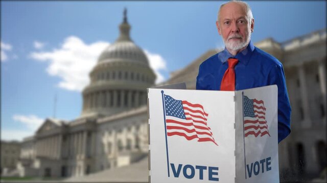 Conceptual funny portrait on US Capitol background of angry frustrated man in voting booth at ballot box, careful decision for president, in US election.